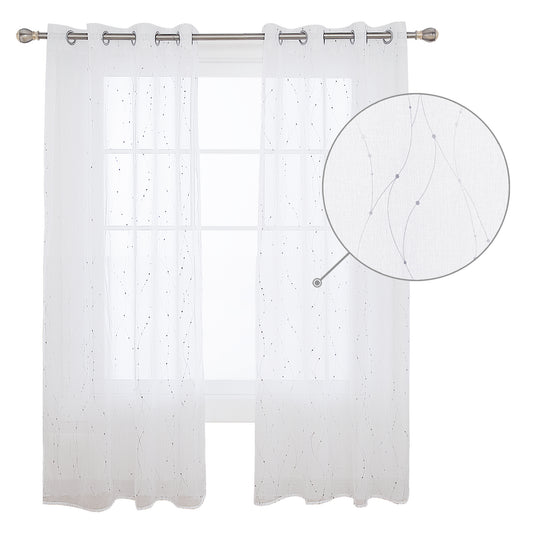 Wyntex Indoor Outdoor Sheer Curtains with Foil Printed Wave Line with Dots Pattern-Linen Look-Grommet-2 Panels