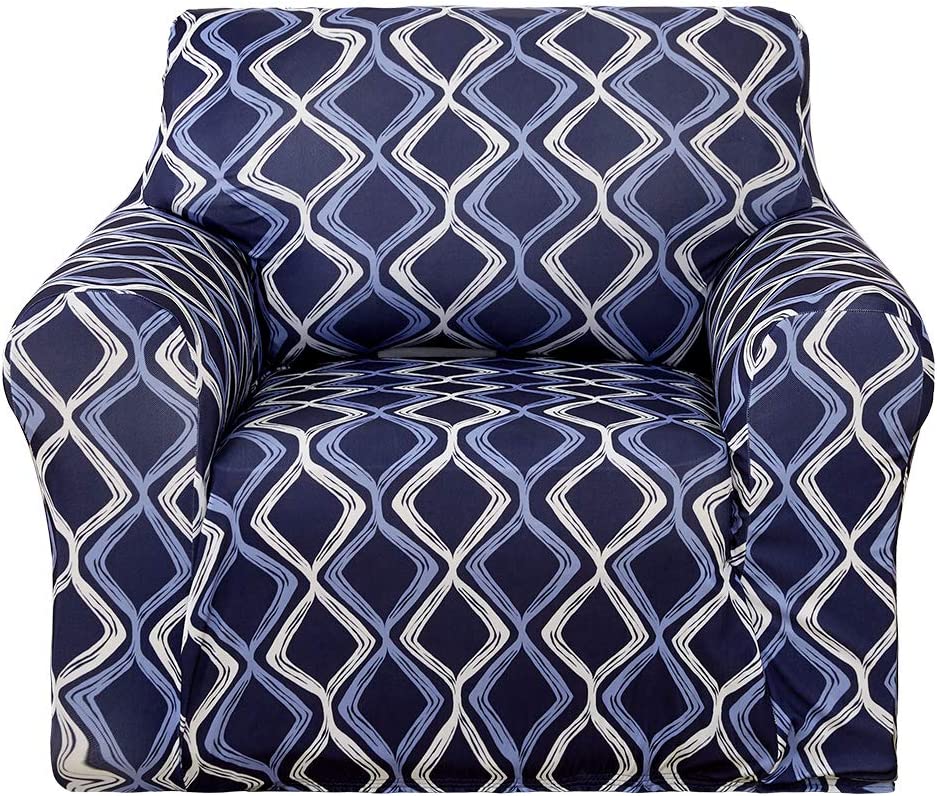 Wyntex Decorative Trellis Print Armchair Slipcover Fitted Spandex Stretch Strapless Sofa Cover for Living Room, Chair, Navy Blue