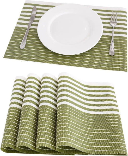 WYNTEX Wipeable PVC Anti-Slip Woven Vinyl Placemats Washable Mats for Dining Table, 12W x 18L Inch, Green-Striped