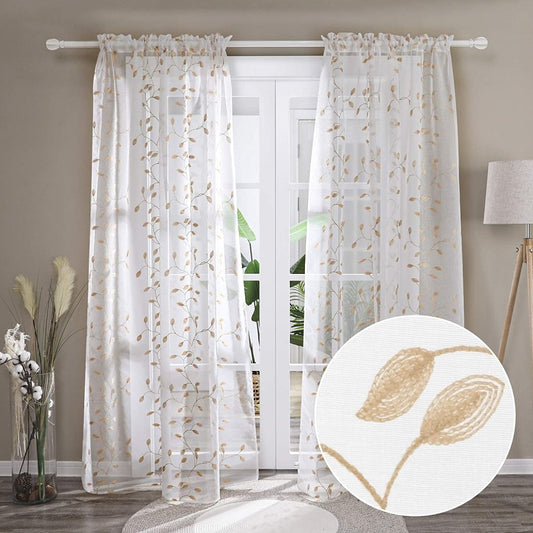 Sheer Leaf Curtains - Embroidered Floral Pattern Design, Rod Pocket, Natural Light Filtering | 2 Deconovo Panels