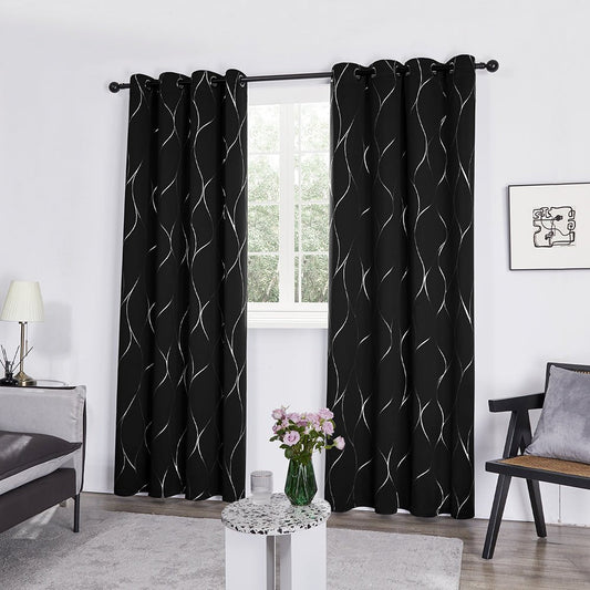 Thermal Insulated Geometric Blackout Curtains - Silver Wave Pattern, Grommet Room Darkening Drapes | 2 Deconovo Panels